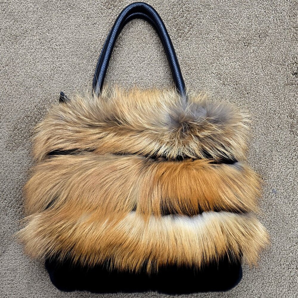 Natural Red Fox Fur and Black Rex Rabbit Fur Handbag